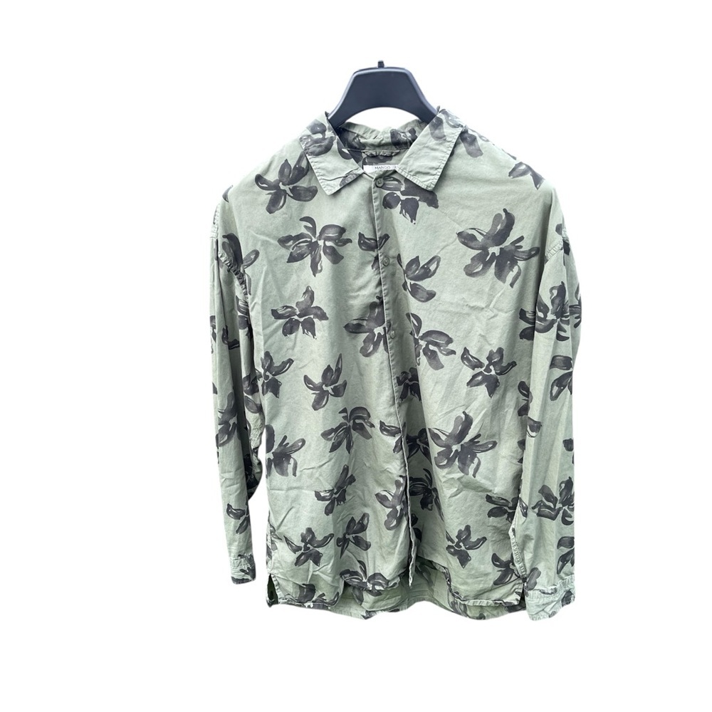 Mango Man Olive and Black Floral Ling Sleeve Button Down Shirt, 100% Cotton, L - Picture 2 of 6